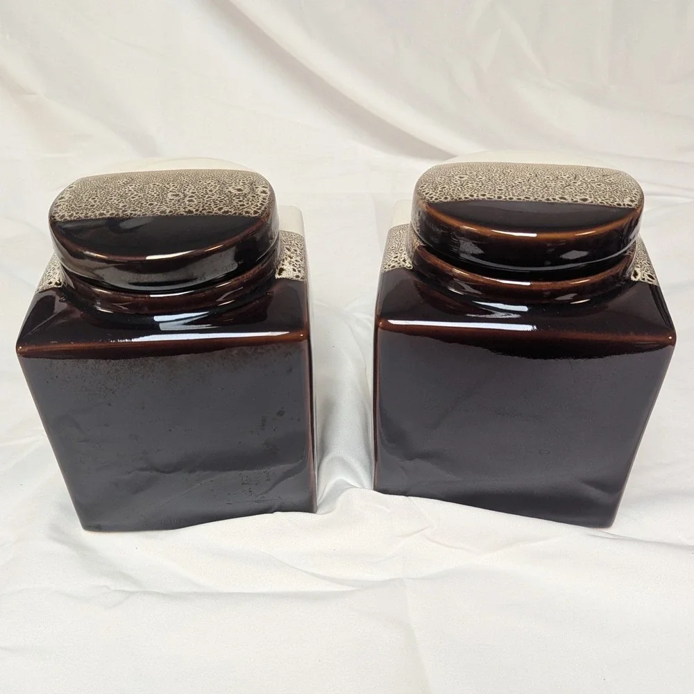 Pier 1 Canister Set Brown Tri Color Reactive‎ Glaze 2pc Stoneware Canister